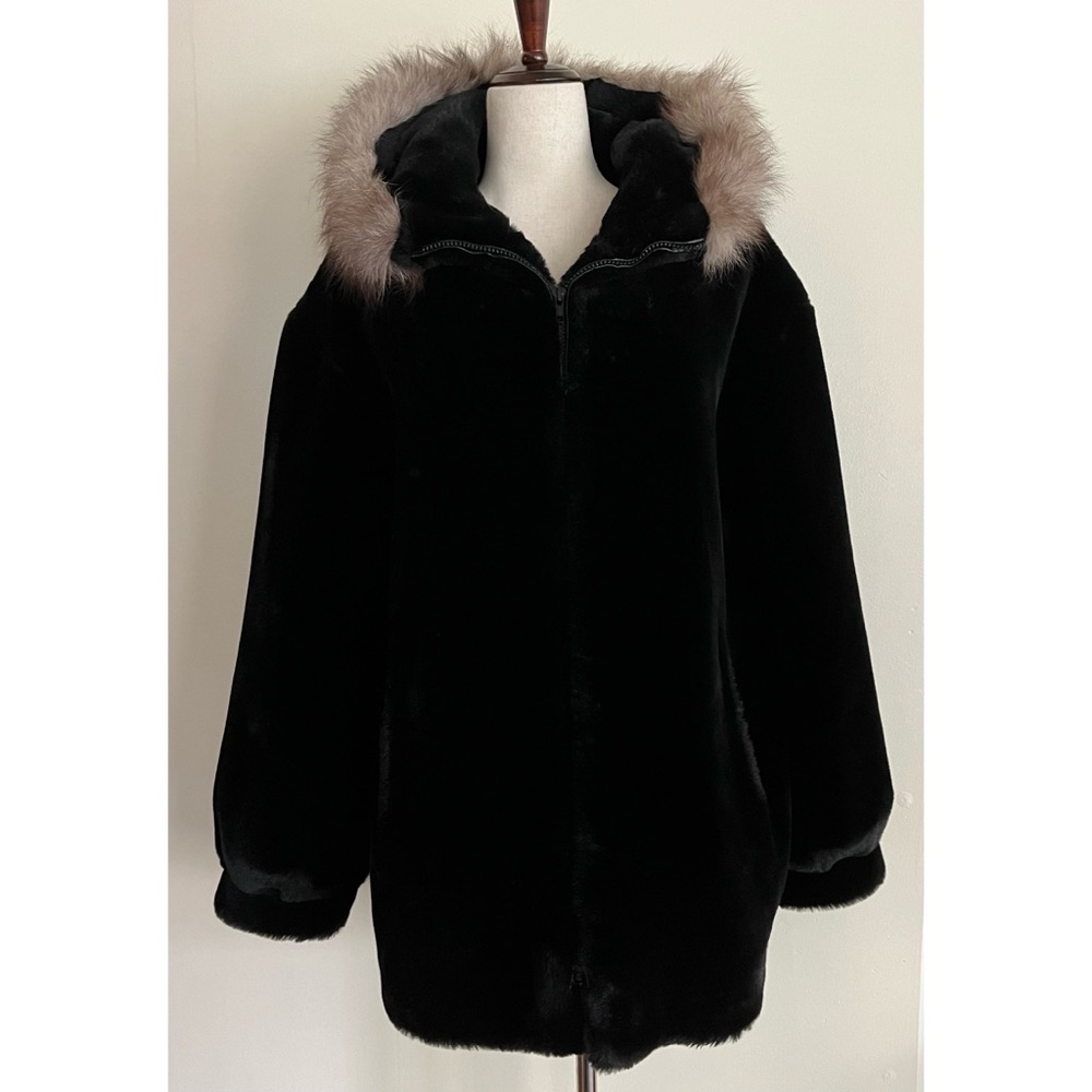 Y2K Black Faux Fur Coat Marvin Richards Hooded w/ Fur Trim Size Large Mob Wife